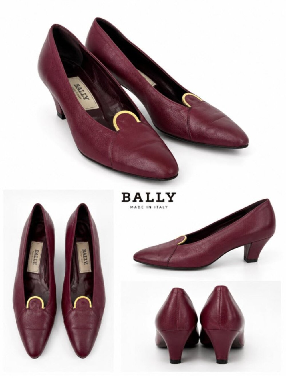 Bally Burgundy Leather Mid-Heel Pumps Vintage Gold Accent Hardware Classic